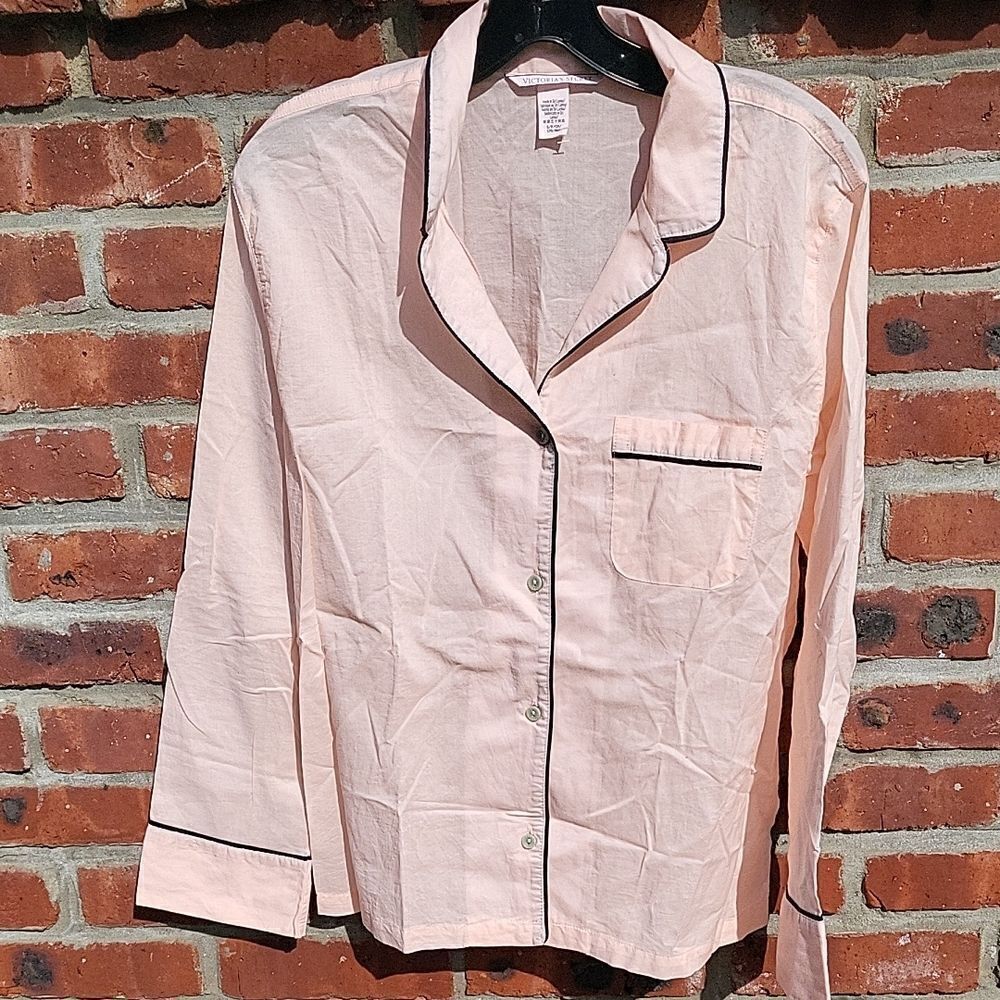 Pink Button-Up Pajama Top with Black Trim